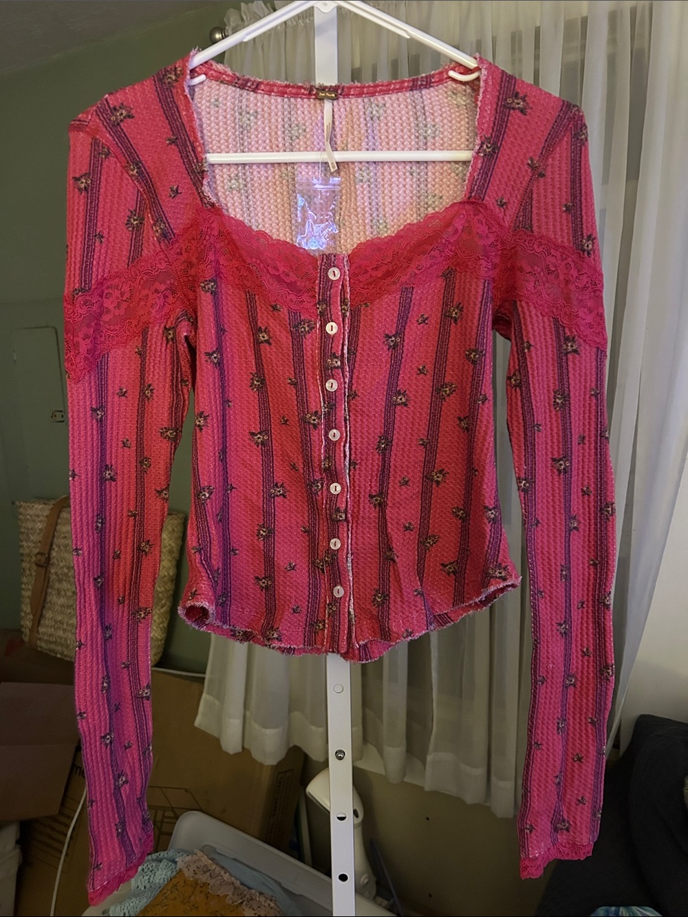 Free People Pink Floral Lace-Trim Button-Front Top